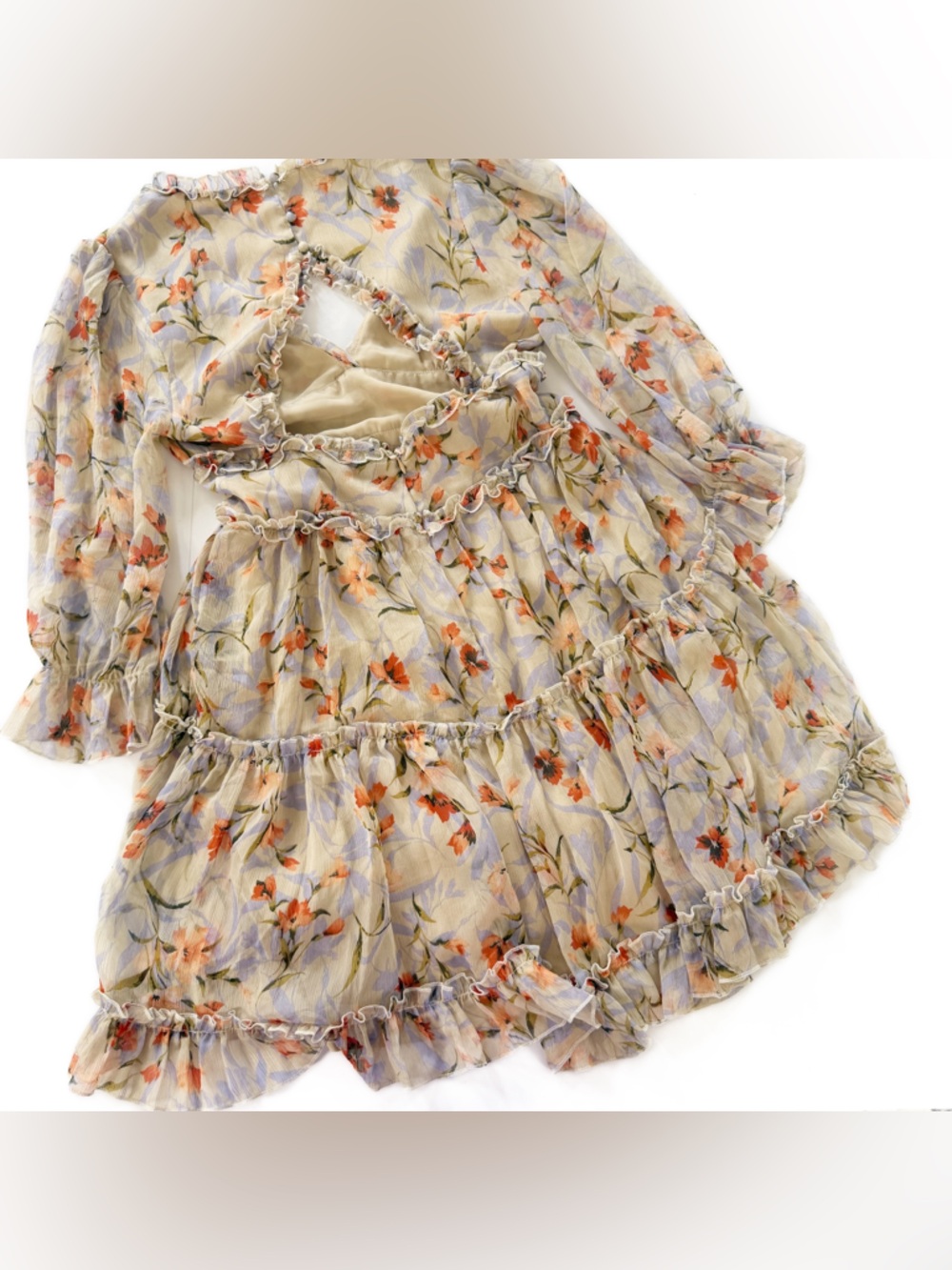 Vici Dress Womens Beige Floral Chiffon Ruffled Mini Boho Peasant - Picture 8 of 9